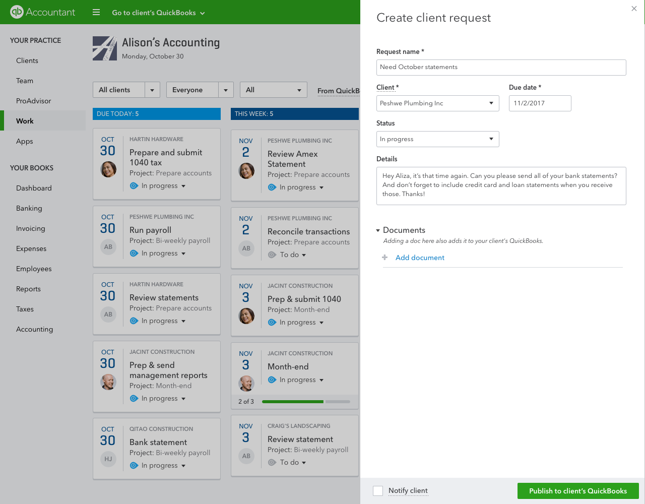 QuickBooks Online Accountant Create Client Request