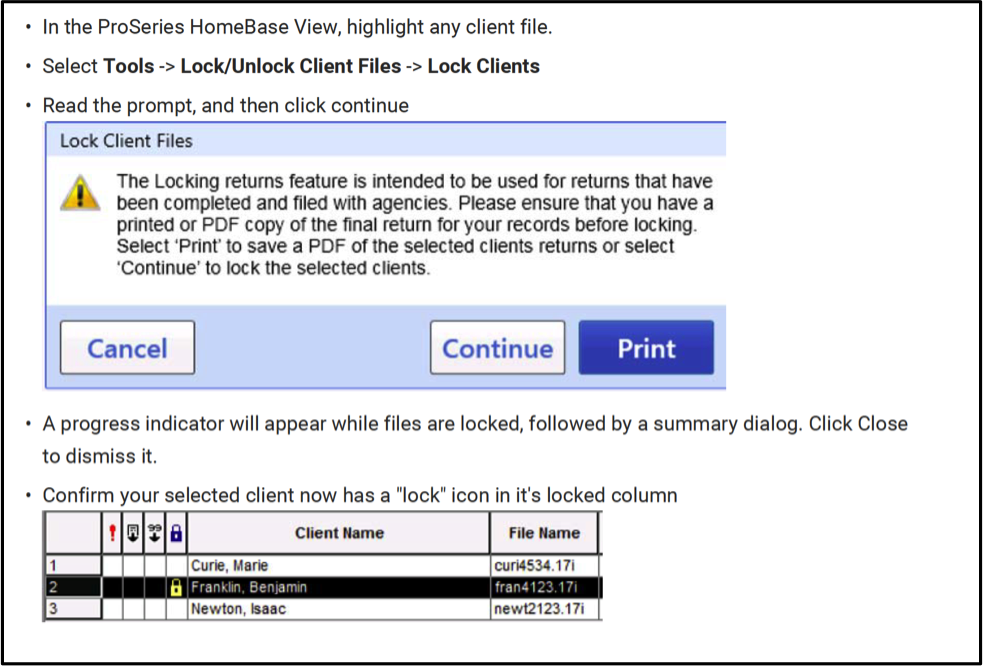 proseries 2017 locking returns feature